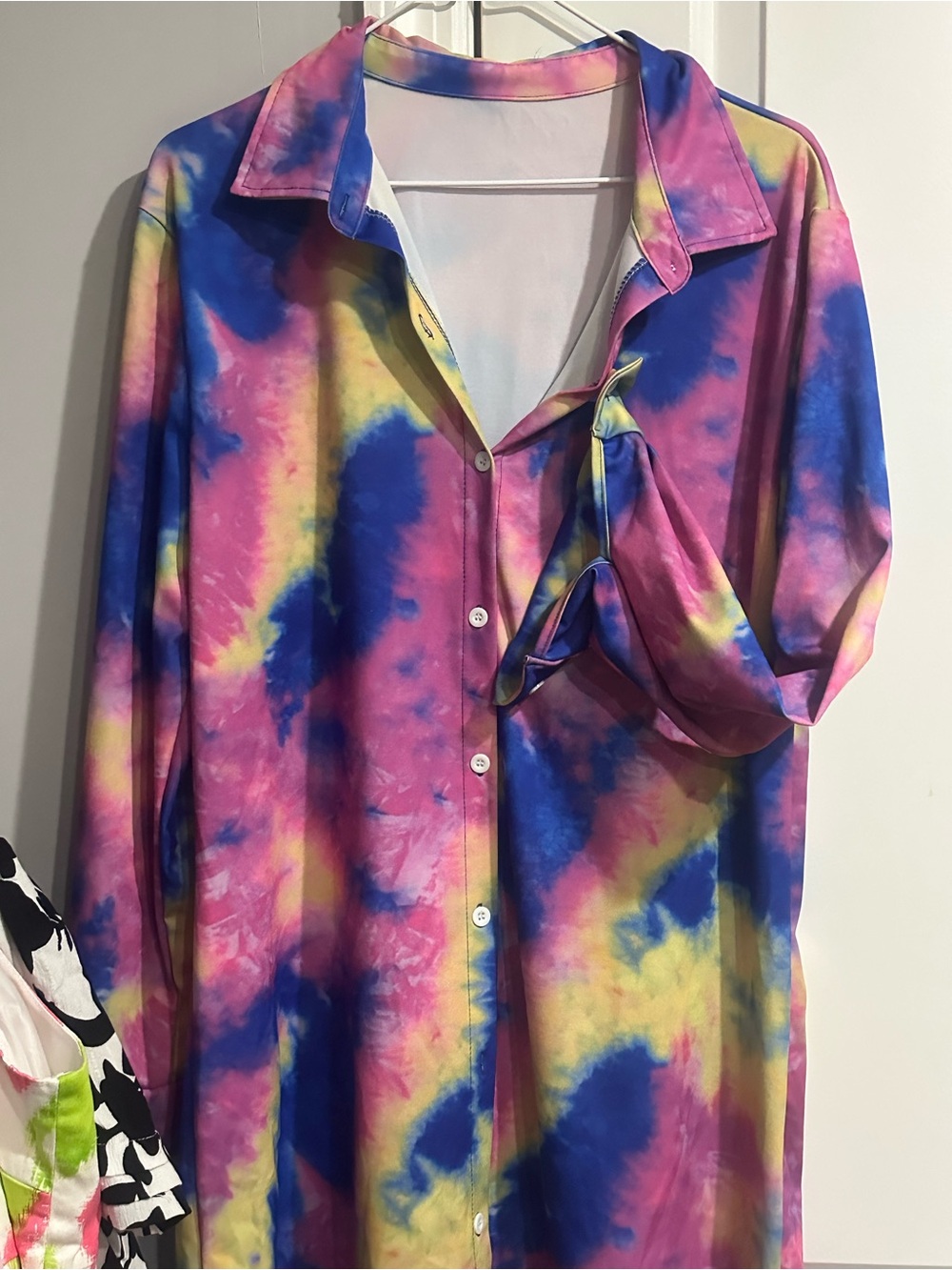 Tie-Dye Button-Up Women’s Shirt Dress - Pink, Blue & Yellow